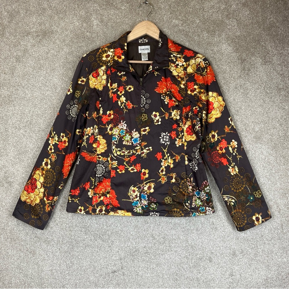Chico's Black Floral Zip-Front Jacket with Red & Gold Accents